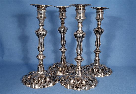 A set of four early Victorian silver candlesticks, by T.J. & N. Creswick, Height 277mm.